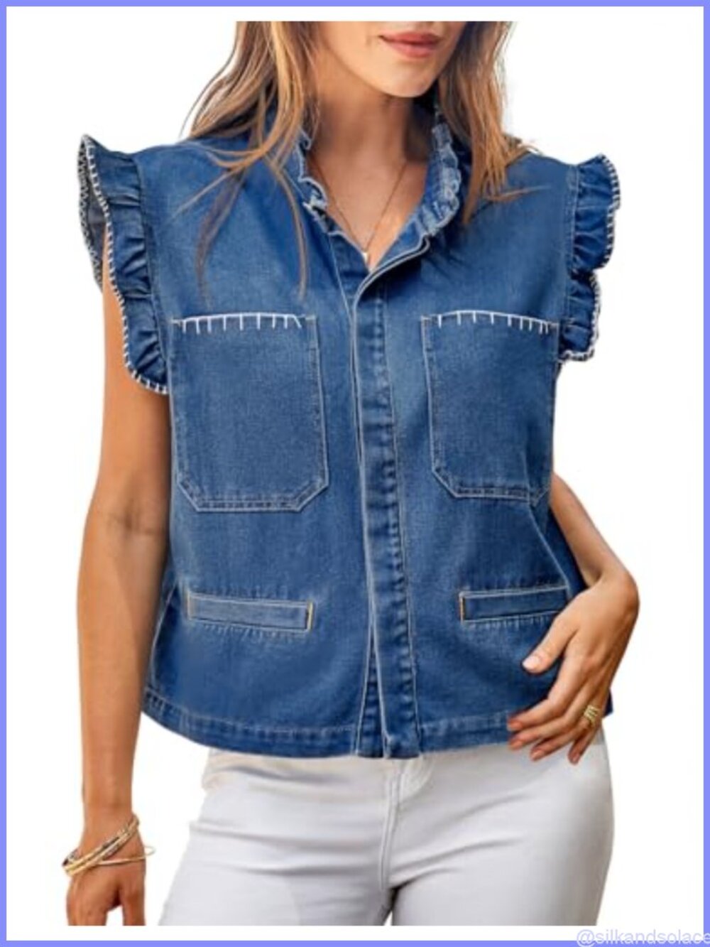 Women's Cropped Denim Vest Ruffle Sleeve Sleeveless Jean Vest Summer